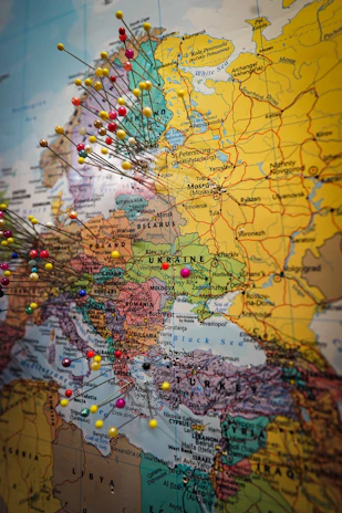 a map of europe with pins on it