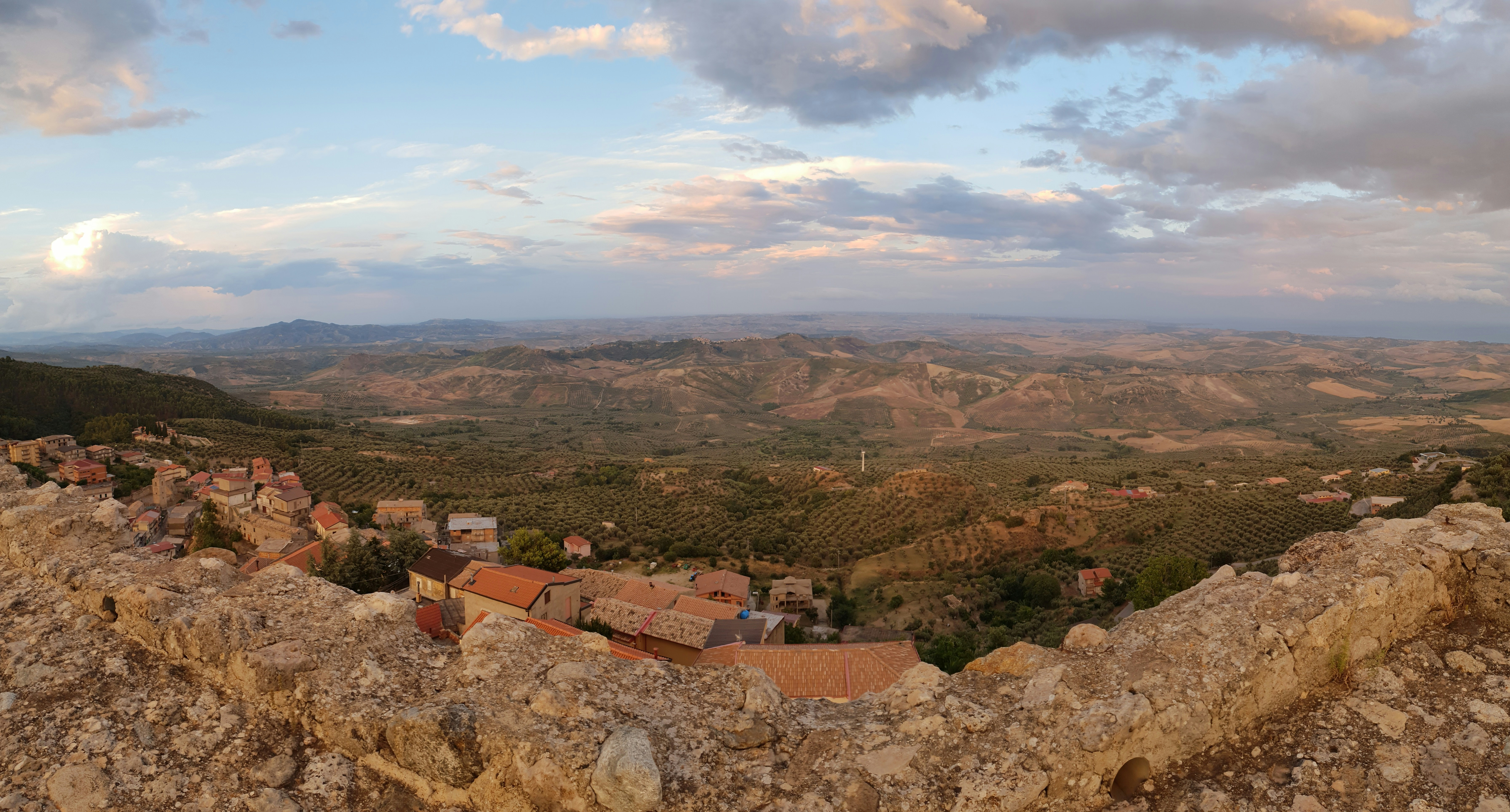 a view of a town from a castle wall, 