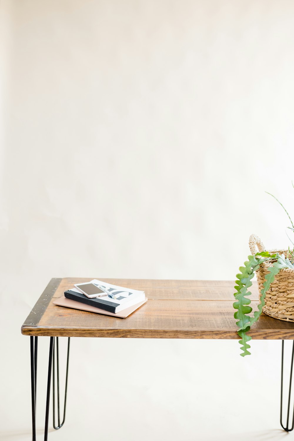 a wooden table with a plant on top of it