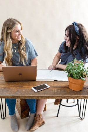 Two women are seated at a wooden table engaged in a conversation. One is using a laptop while the other has a notebook open with a pen in hand. A smartphone is lying on the table, and a potted plant is placed beside them. Both women are smiling, suggesting a friendly atmosphere.