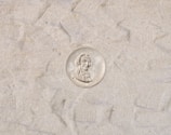 A coin with a profile of a man in a suit, surrounded by text. The background consists of a sandy or textured surface.