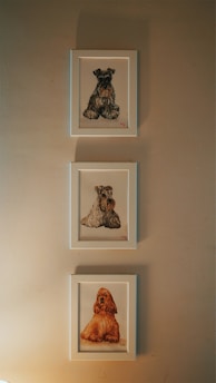 Three framed illustrations of different dog breeds are displayed vertically on a neutral-colored wall. Each artwork features a detailed depiction of a dog with a unique style and coat.