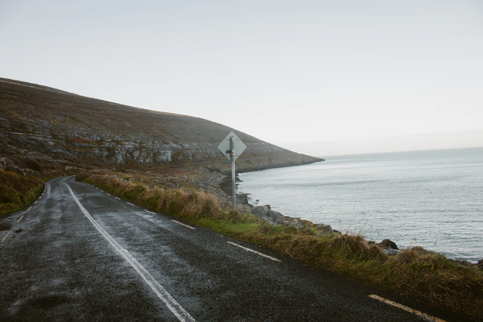 A narrow coastal road beside the Atlantic in the west of Ireland with limestone hills, typical of a Wild Atlantic Way drive with an Ireland eSIM