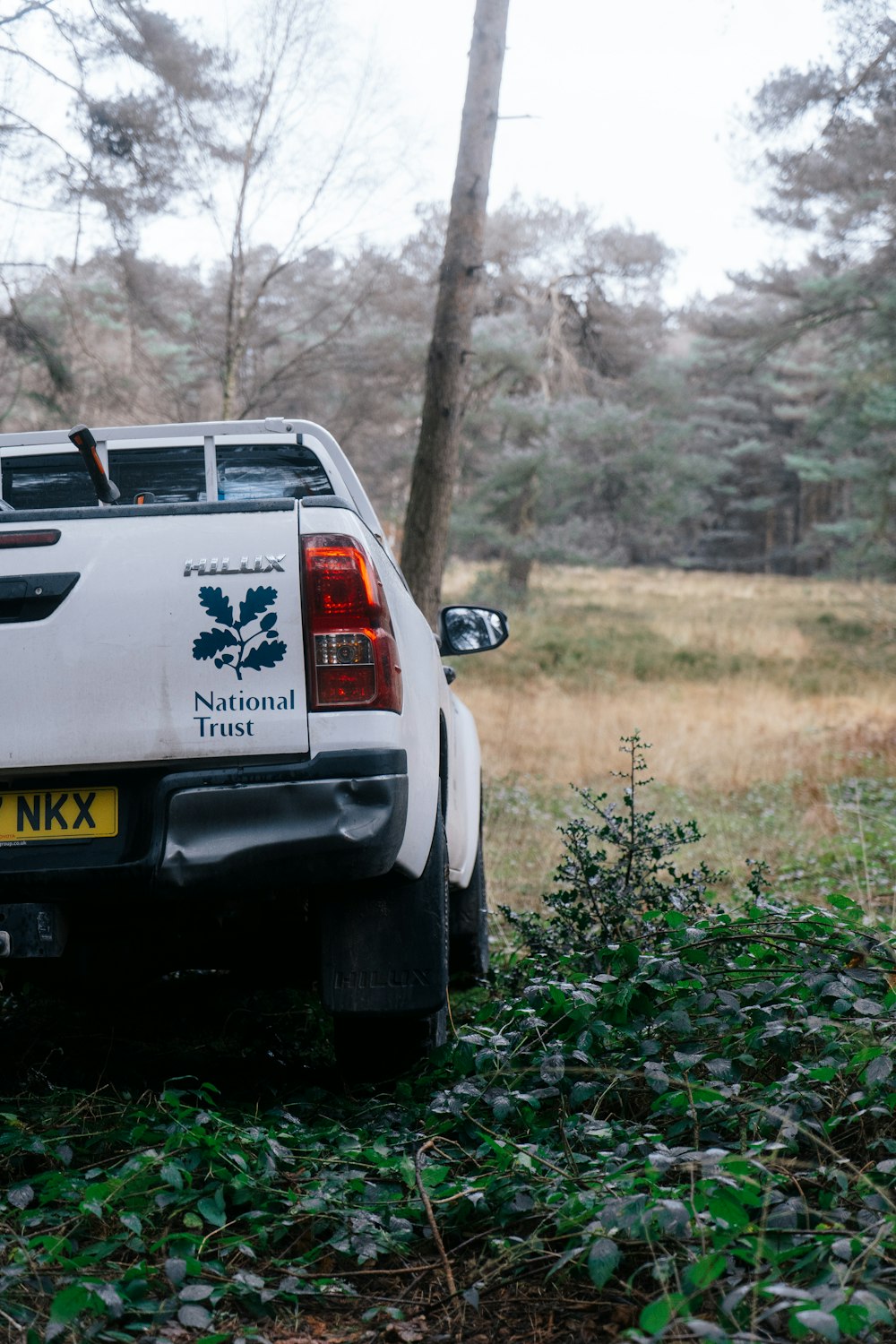 a white pick up truck parked in the woods