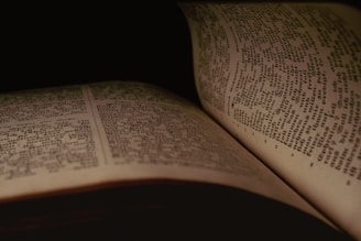 a close up of an open book on a table