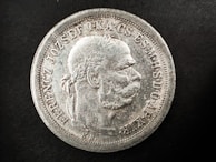 A detailed view of an old coin featuring a profile of a man with a laurel wreath. The coin has raised text along the edges, with intricate detailing around the bust. The surface appears worn and aged with a silver texture against a black background.