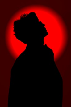 a silhouette of a man in front of a red sun
