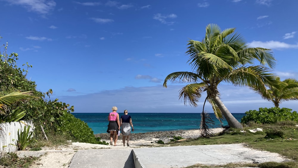 a couple of people walking down a path next to the ocean