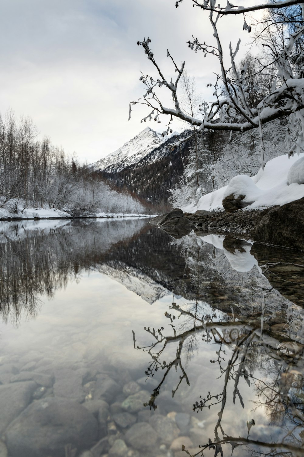 a body of water surrounded by snow covered mountains