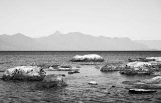 a black and white photo of some rocks in the water