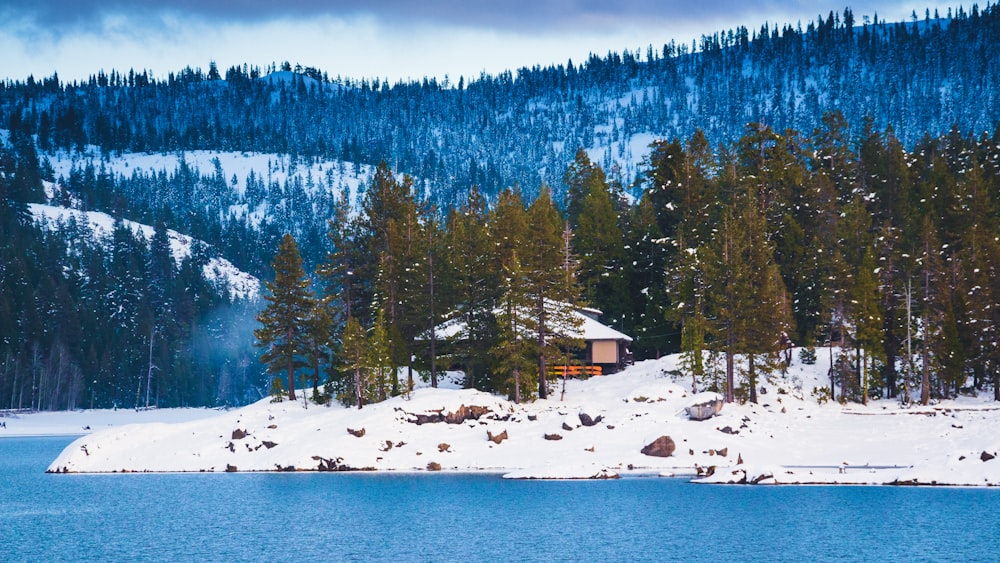 uma cabana em uma pequena ilha no meio de um lago