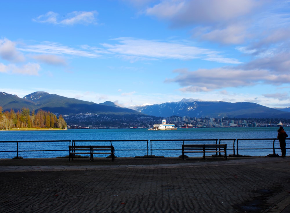 a person standing on a sidewalk near a body of water