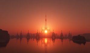 A cinematic still showing a dramatic sunset over a futuristic cityscape with intricate VFX details.