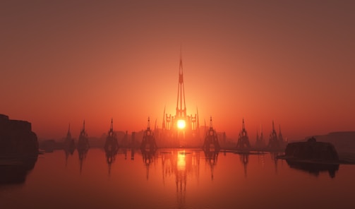 A stunning 3D rendering of a futuristic cityscape at sunset.