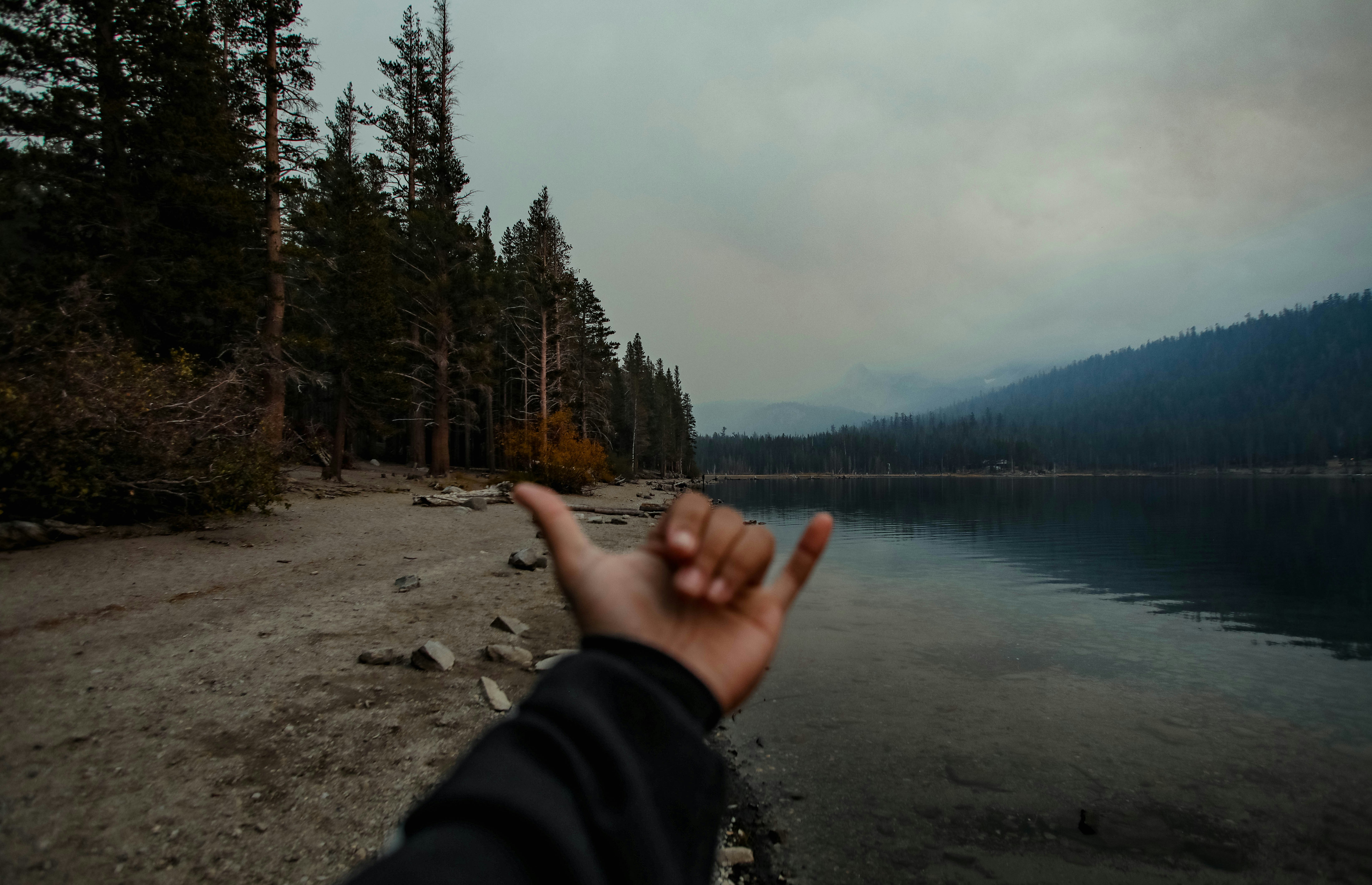 a person pointing at a body of water