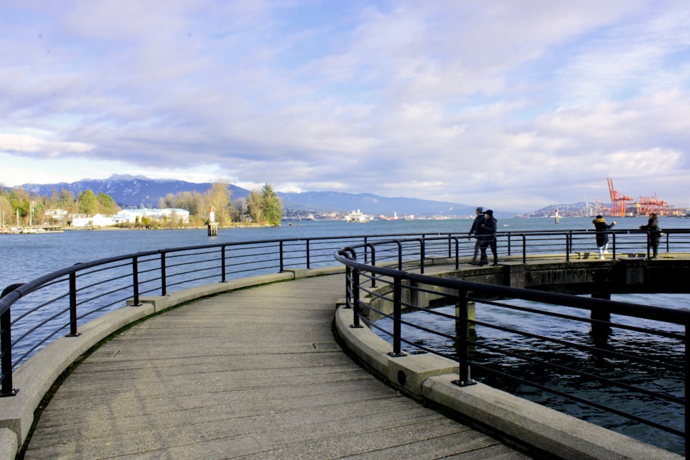 a person standing on a pier next to a body of water