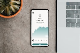 A smartphone displaying stock information is placed on a textured surface beside a laptop keyboard. The phone shows a graph with a price and percentage change for a stock, specifically Apple Inc. Next to the phone, there is a potted plant with green succulent leaves.