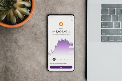 A smartphone is placed on a tabletop beside a laptop keyboard and a potted succulent plant. The phone displays a Bitcoin price chart with current value and a graph showing the 24-hour trend.