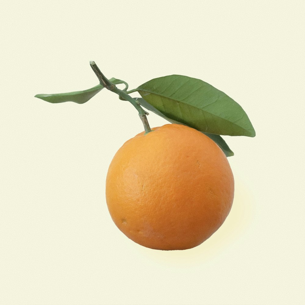 an orange with a green leaf on a white background