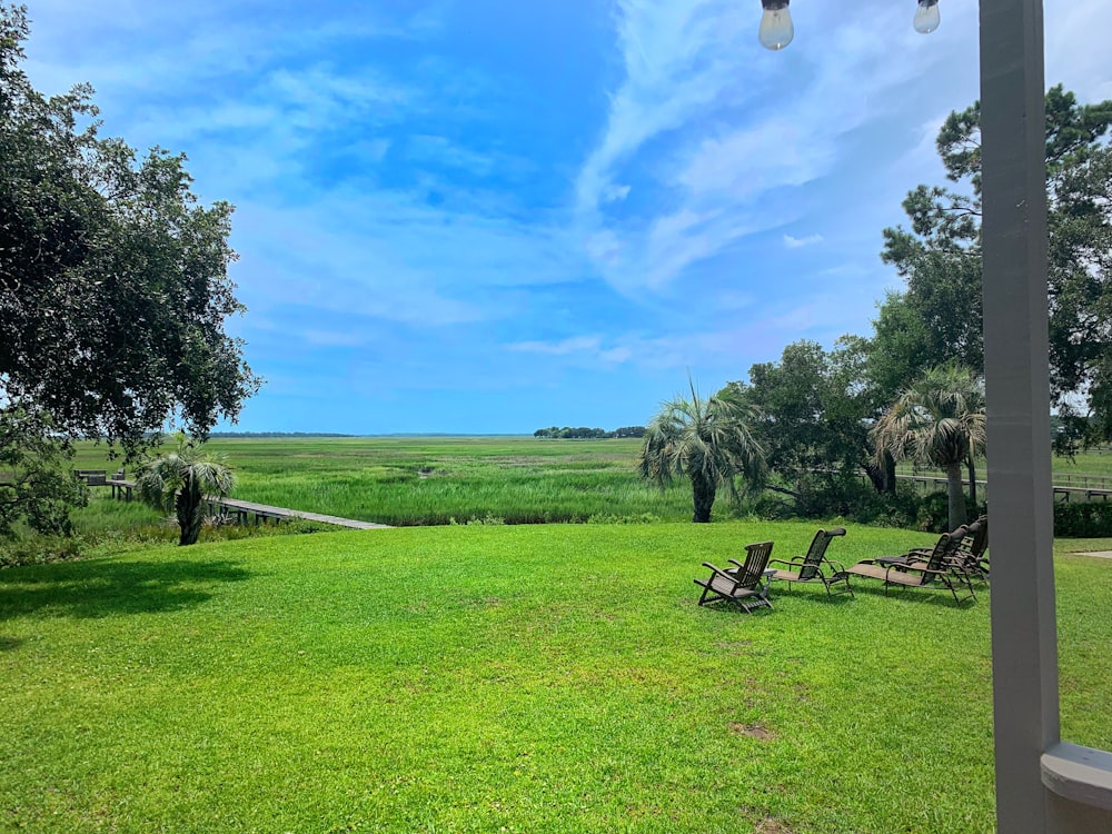 a grassy field with lawn chairs and trees