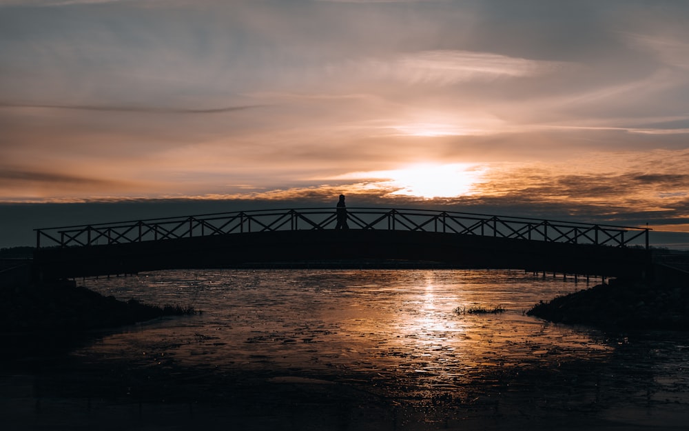 a person standing on a bridge over a body of water