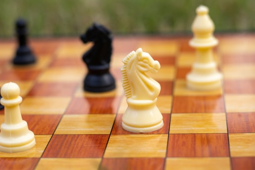 A close-up view of a chessboard featuring both black and white chess pieces. The focus is on a white knight positioned prominently in the center, surrounded by other pieces including pawns and a bishop. The wooden chessboard has alternating light and dark brown squares, and the background is softly blurred.