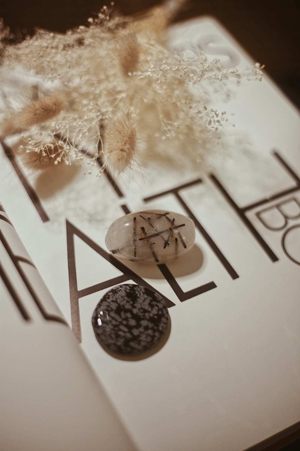 a close up of a book with a rock on it