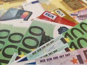 a pile of different types of euro bills