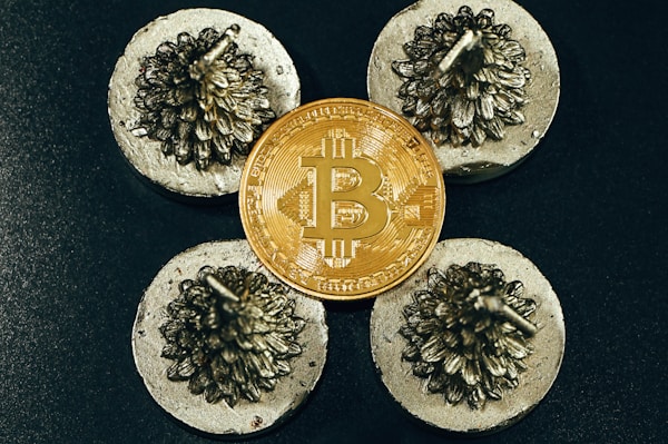 a bit coin sitting on top of some rocks