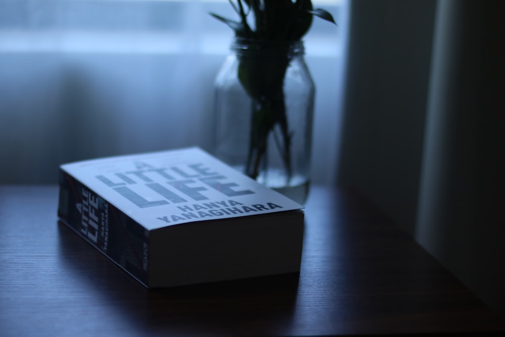 a vase of flowers sitting on a table next to a book