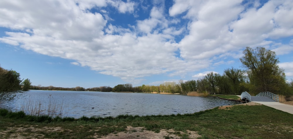 a large body of water sitting next to a lush green field