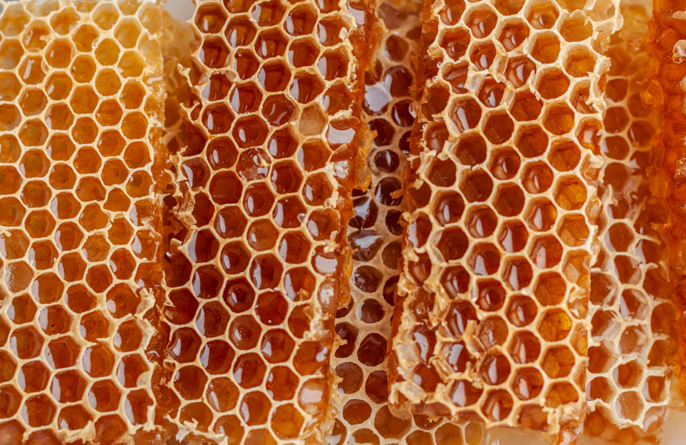 The image shows a close-up view of honeycomb with honey dripping from it, creating a sense of warmth and sweetness. The honeycombs are arranged in a grid pattern, with each cell filled with honey. The honey has a light orange color that contrasts with the darker brown background, making the honeycombs stand out prominently against the gray surface.