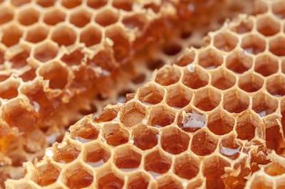 A close-up view of a honeycomb filled with golden, translucent honey. The hexagonal cells are neatly constructed, showcasing the intricate and natural architecture of bees. Some honey is spilling slightly from the cells, reflecting the light.