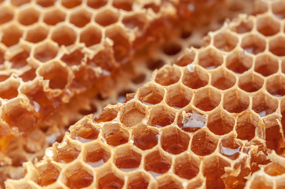 The image shows a close-up view of honeycomb with hexagonal cells, each filled with honey. The honey has a light orange color and is dripping down from the honeycomb, creating a sense of depth and texture. The honeycomb appears to be in good condition, with no visible damage or cracks.