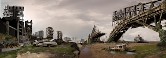 A post-apocalyptic scene featuring dilapidated buildings, a broken bridge covered with vegetation, and an abandoned car. The landscape is barren with scattered debris, suggesting an urban area left in ruins.