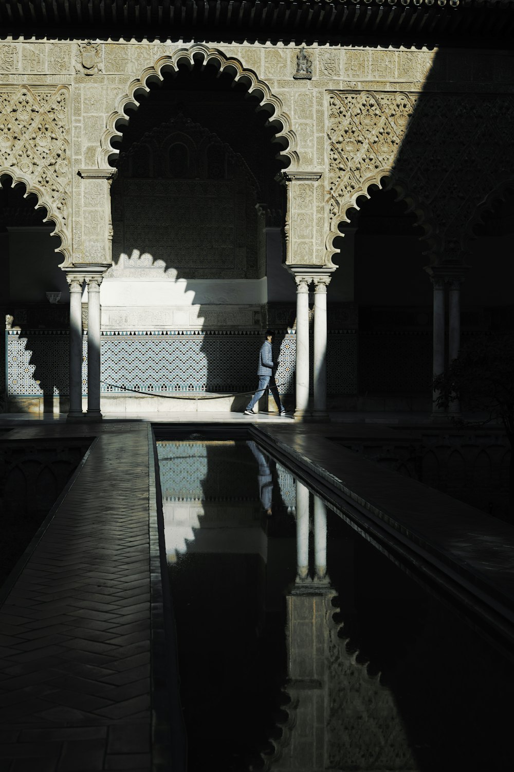 a reflection of a person in a pool of water