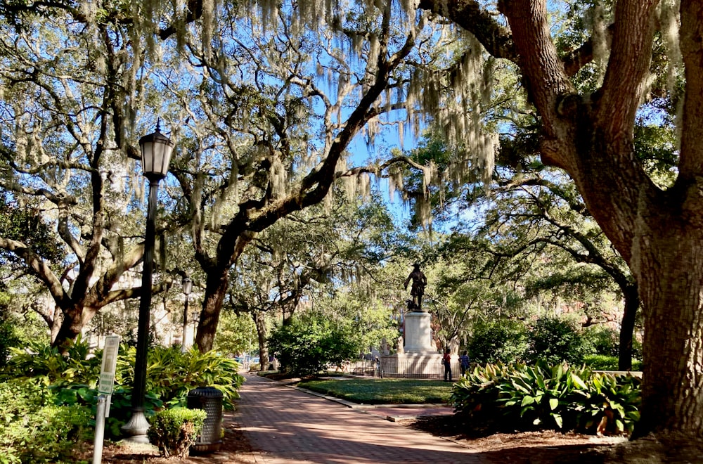 a park with trees, benches, and a light pole