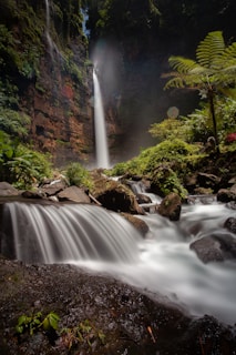 a small waterfall in the middle of a forest