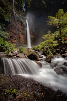 a small waterfall in the middle of a forest