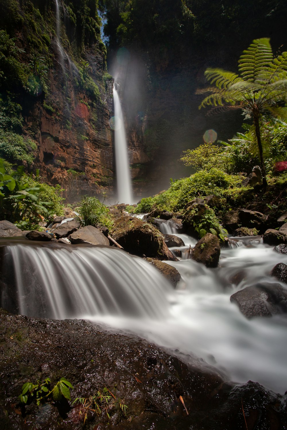 a small waterfall in the middle of a forest