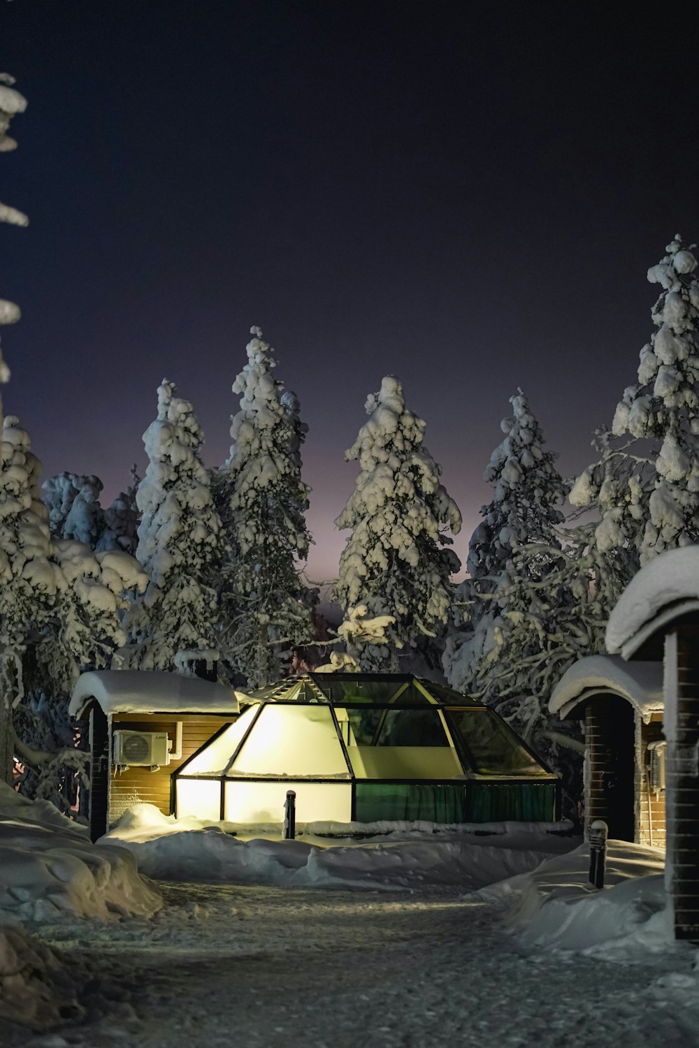 uma cena noturna de uma cabana na floresta