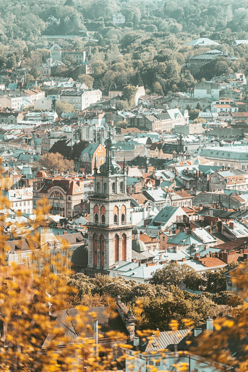 a view of a city with a clock tower