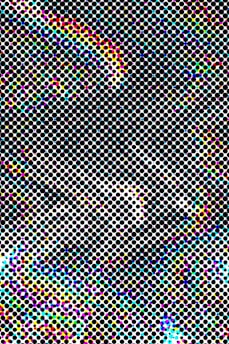A pattern of regularly spaced black circles on a white background with colorful areas including shades of cyan, magenta, yellow, and blue, creating a halftone effect.