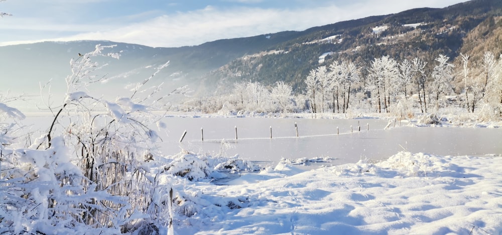 a snow covered field with mountains in the background