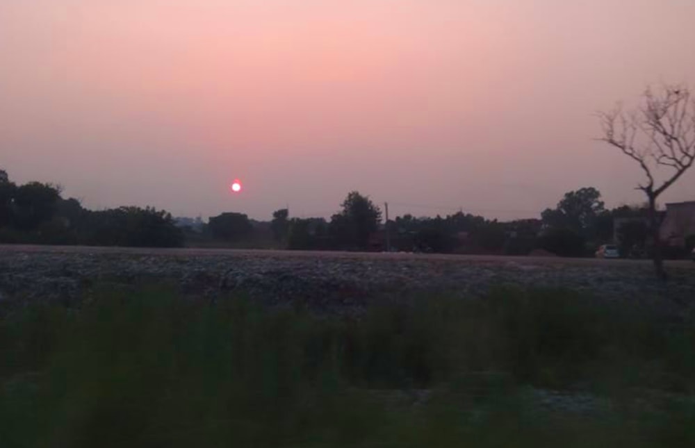 the sun is setting over a field of grass