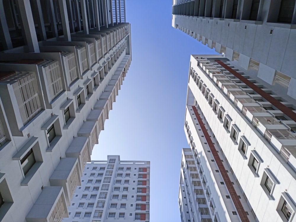 looking up at tall buildings in a city