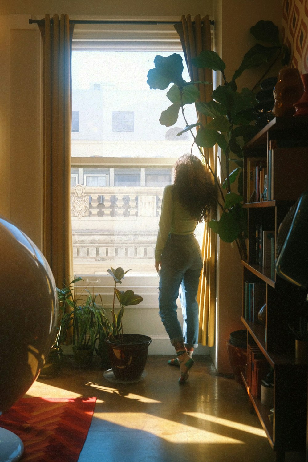 a person standing in front of a window next to a potted plant