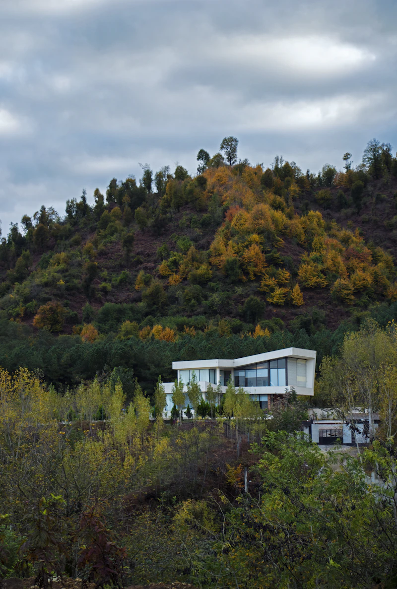 Summit Cabin's dining space with a view of the hillside