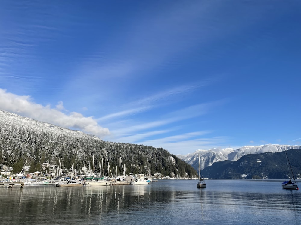 a body of water surrounded by snow covered mountains