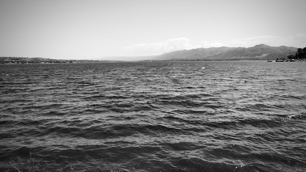 Una foto en blanco y negro de un cuerpo de agua